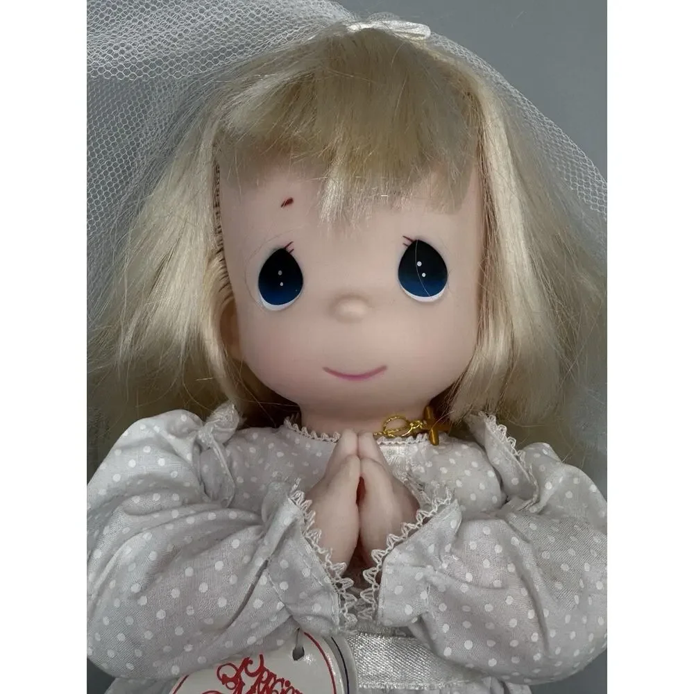 Vintage Precious Moments Praying Christina Blonde Doll White Communion Dress 11”